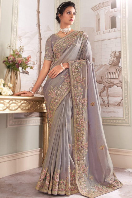 Dusty Mauve Organza Embroidered Light Weight Saree