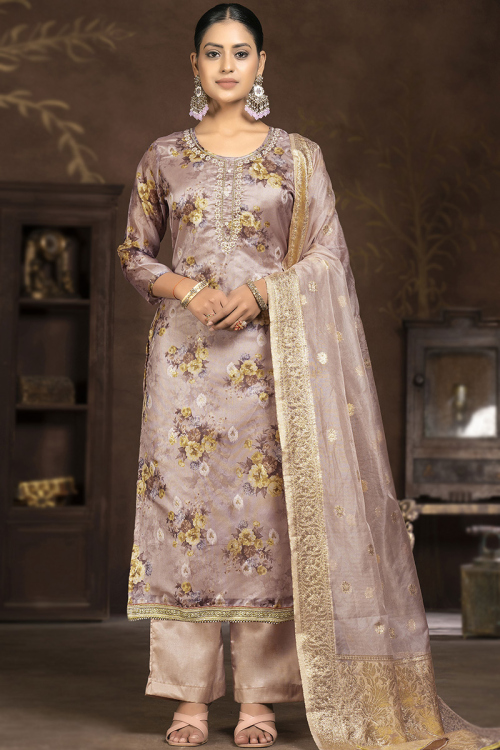 Dusty Mauve Organza Floral Print Straight Cut Palazzo Suit 