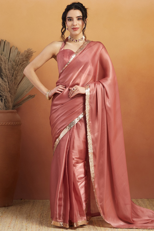 Dusty Mauve Satin Saree With Sequins Work For Festival