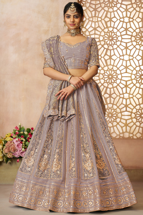 Dusty Mauve Silk Blend Embroidered Panelled Lehenga 