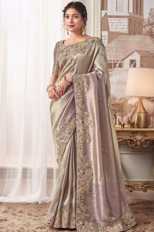 Dusty Mauve Silk Heavy Sequins Embroidered Saree