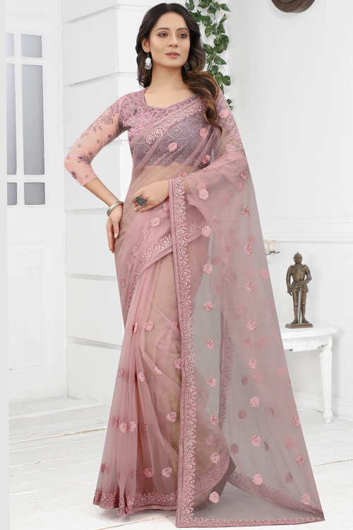 Dusty Mauve Stone Embroidered Net Light Weight Saree