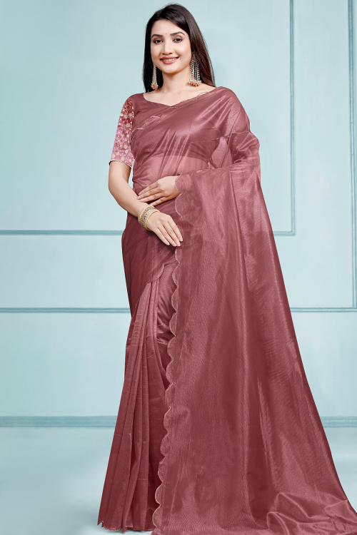 Dusty Mauve Tissue Embroidered Light Weight Saree 