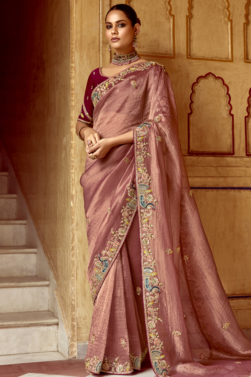 Dusty Mauve Tissue Silk Embroidered Shimmer Saree