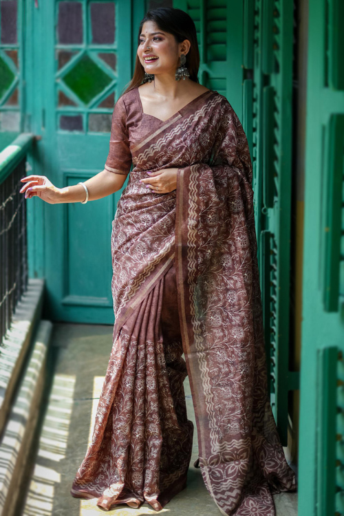 Dusty Mauve Tussar Silk Printed Casual Wear Saree for Women