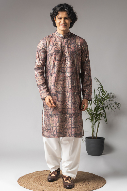 Dusty Mauve Viscose Men's Kurta Pajama With Printed Work