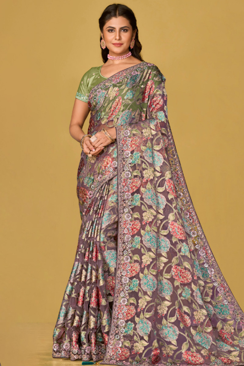 Dusty Mauve Weaved Thread Lightweight Brasso Saree 