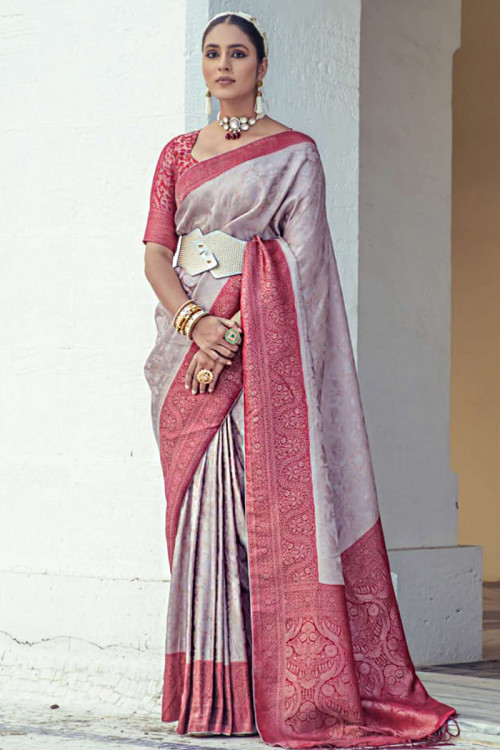 Dusty Mauve Weaved Zari Silk Wedding Wear Saree 