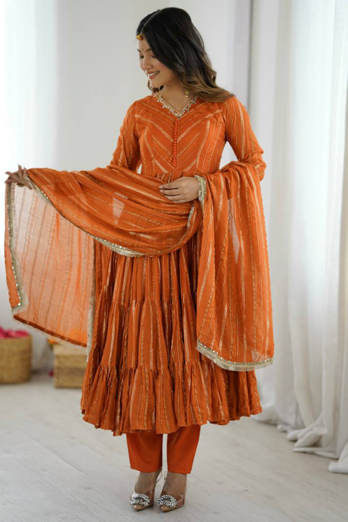 Dusty Orange Chiffon Embroidered Trouser Suit For Festival