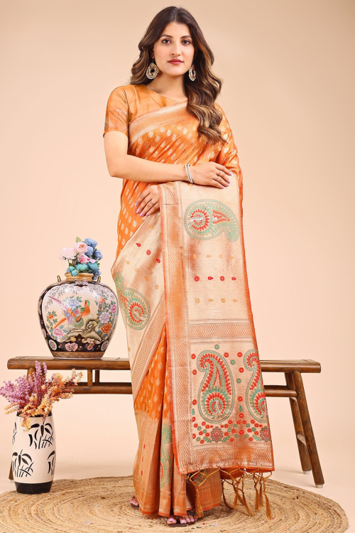 Dusty Orange Cotton Silk Blend Saree With Weaved Work For Diwali