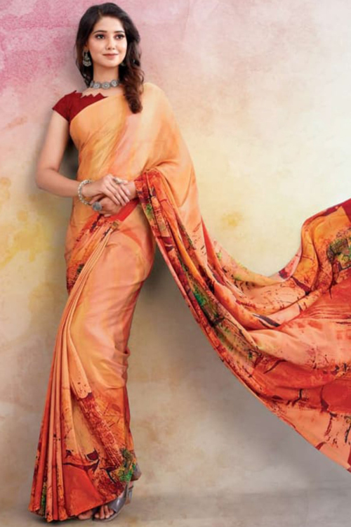 Party Wear Printed Saree in Crepe Dusty Orange