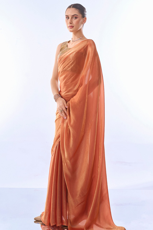 Dusty Orange Plain Organza Light Weight Saree