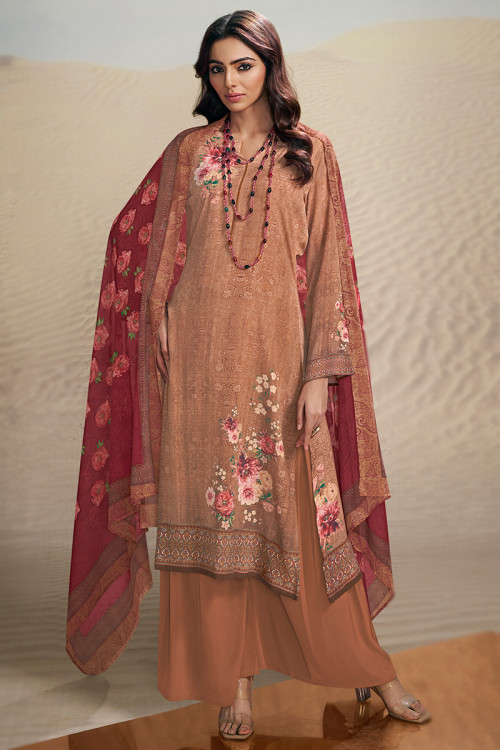 Dusty Orange Printed Crepe Casual Wear Palazzo Suit 