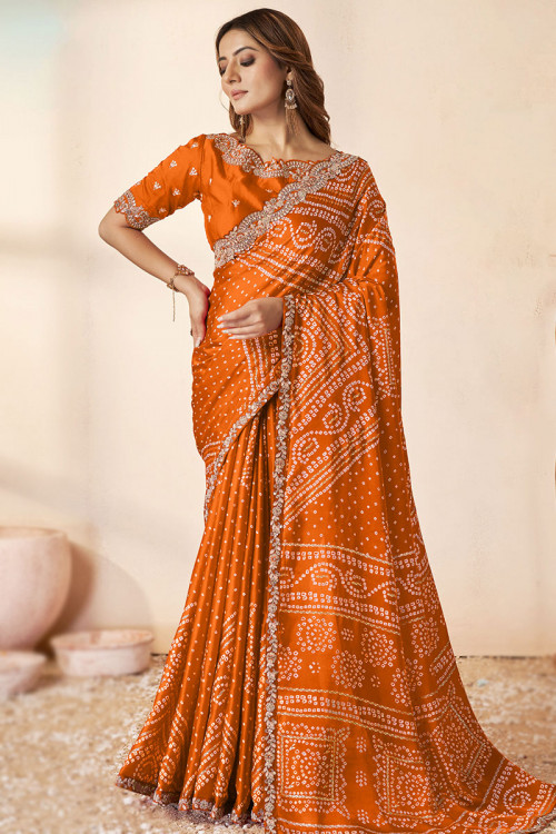 Dusty Orange Silk Printed Bandhej Saree 