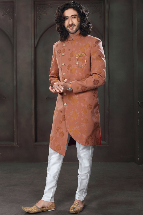 Dusty Orange Silk Woven Zari Men Sherwani
