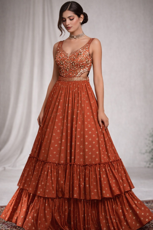 Dusty Orange Crepe Embroidered Party Wear Wedding Bridal Anarkali Salwar Suit