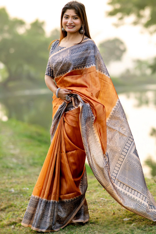 Dusty Orange Tussar Silk Madhubani Printed Saree