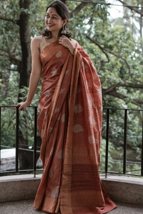 Dusty Orange Tussar Silk Woven Zari Casual Wear Saree