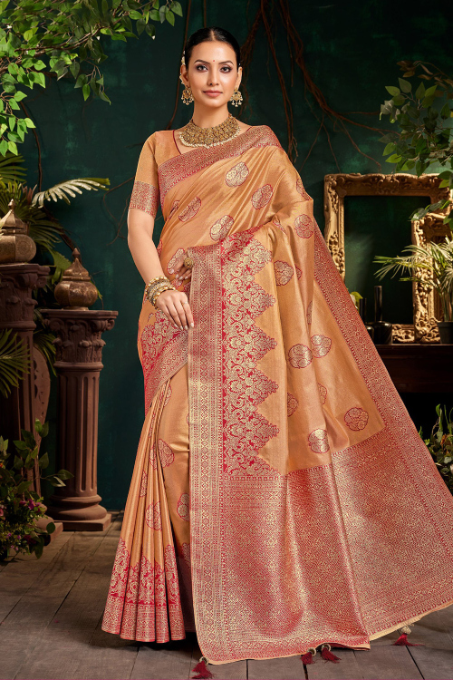 Dusty Peach Art Silk Saree with Weaved Work For Festival