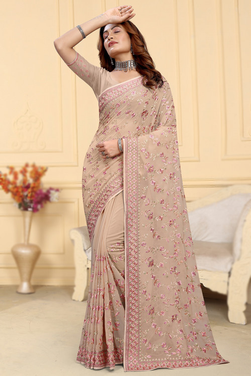 Dusty Peach Casual Wear Georgette Embroidered Saree 
