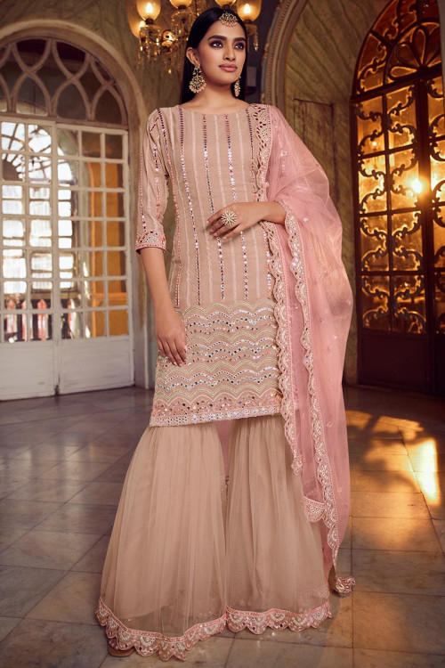 Dusty Peach Embroidered Sharara Suit