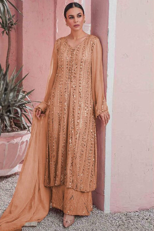 Dusty Peach Georgette Palazzo Pant Trouser Suit for Eid