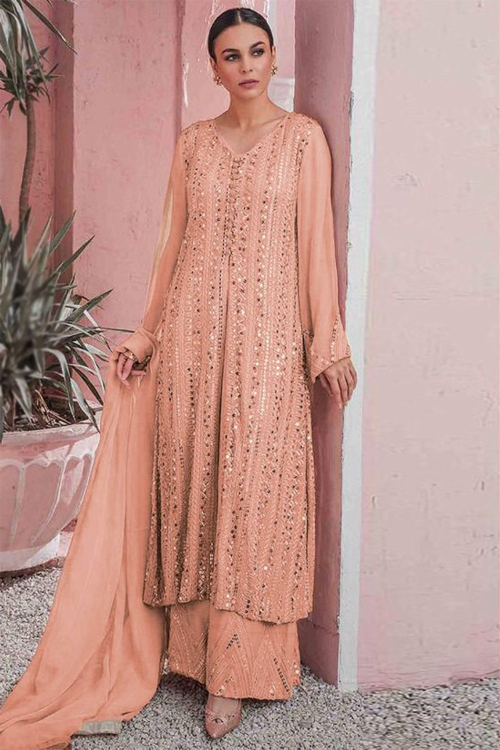 Salmon Peach Georgette Straight Cut Palazzo Suit For Wedding
