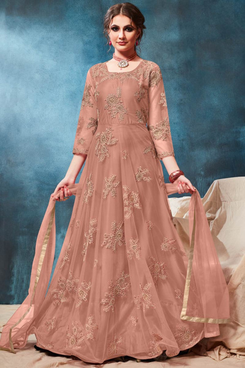 Buy Dusty Peach Net Anarkali Suit With Resham Work Online - LSTV04035 ...