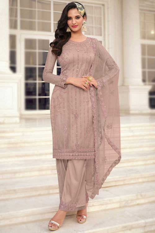 Dusty Peach Net Dori Embroidered Straight Pants Suit 