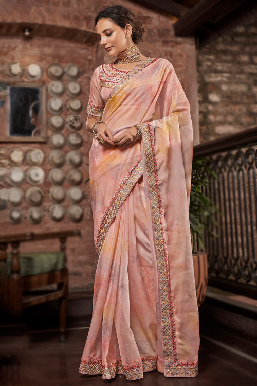 Dusty Peach Organza Printed Lightweight Saree