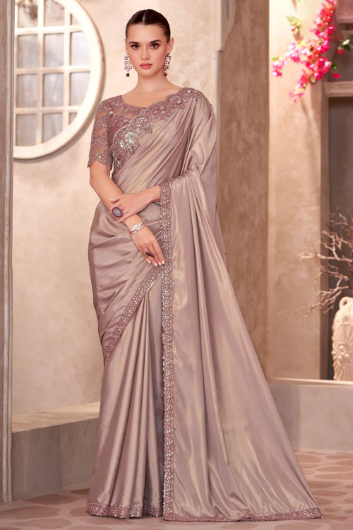 Dusty Peach Satin Shimmer Saree With Sequins Work For Festival