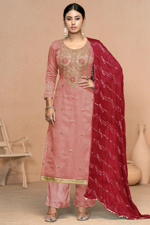 Dusty Peach Viscose Straight Suit with Ruby Red Dupatta