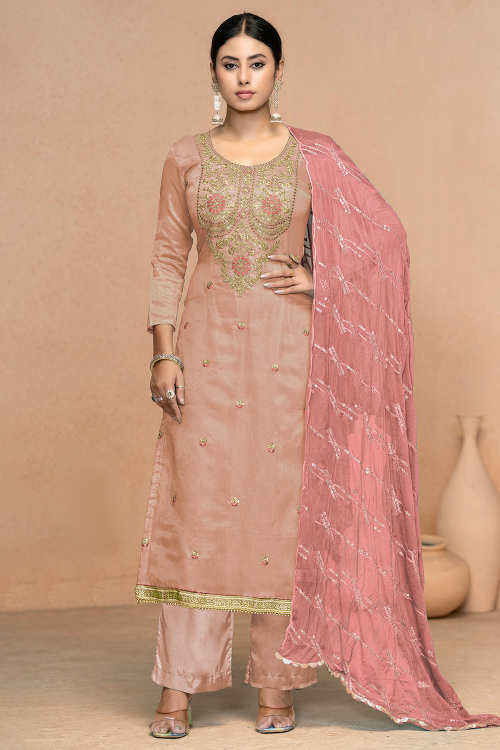 Dusty Peach Viscose Suit with Salmon Pink Dupatta