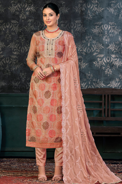 Dusty Peach Straight Cut Organza Embroidered Trouser Suit