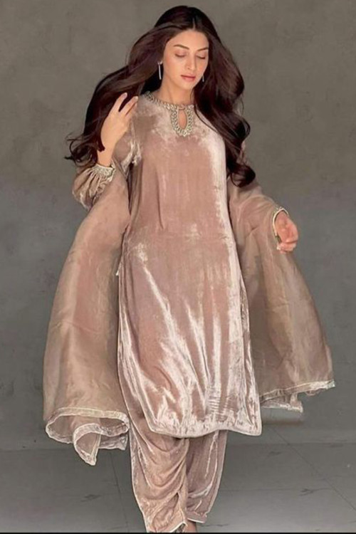 Dusty Peach Velvet Embroidered Patiala Suit