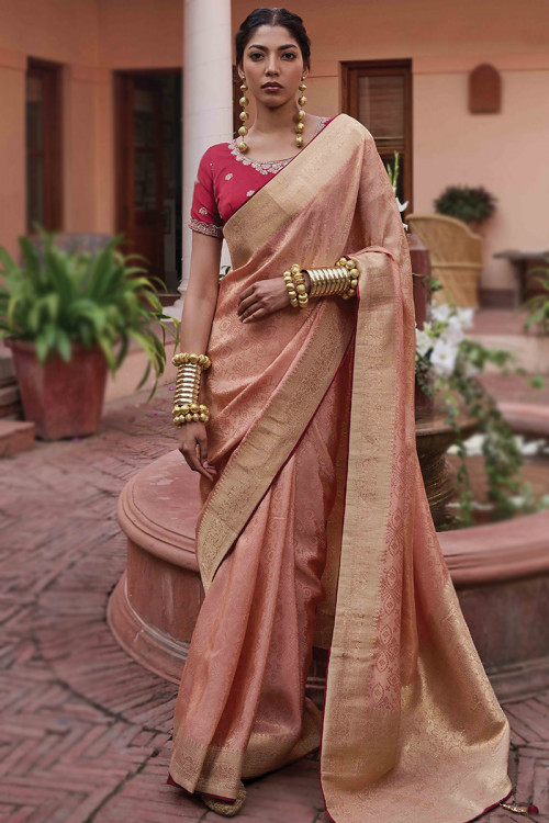 Pink Peacock Couture, Blush Saree With Embellished Blouse