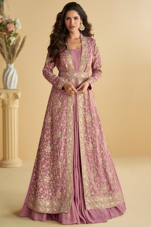 Dusty Pink Art Silk Embroidered Jacket Style Anarkali Suit 