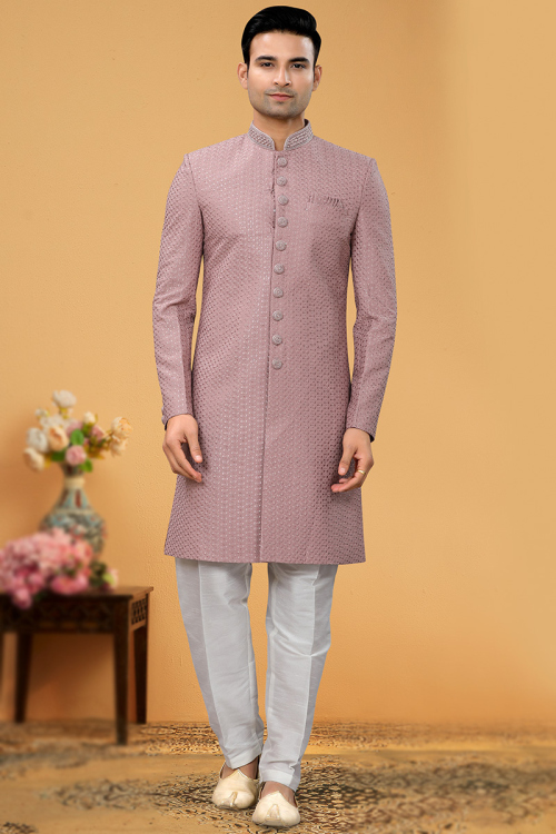 Dusty Pink Art Silk Embroidered Men Sherwani