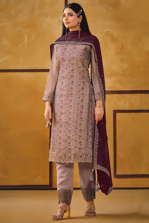 Dusty Pink Art Silk Straight Cut Trouser Suit With Dori Work