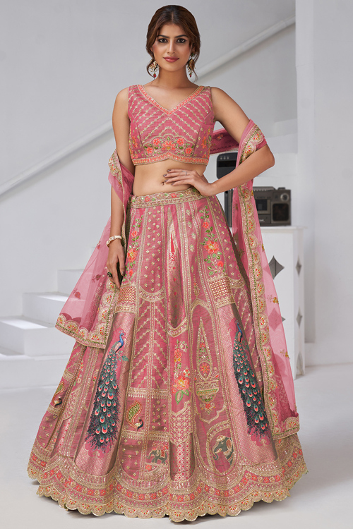 Dusty Pink Art Silk Woven Zari A Line Lehenga