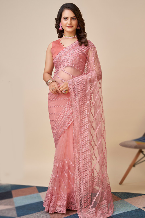 Dusty Pink Casual Wear Embroidered Net Saree 