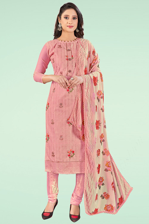 Dusty Pink Chanderi Embroidered Churidar Suit