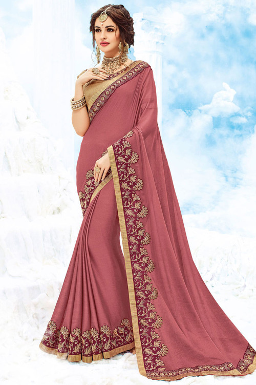 Dusty Pink Chiffon Patch Embroidered Saree