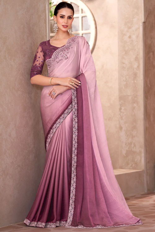 Dusty Pink Chiffon Shimmer Saree With Sequins Work For Festival