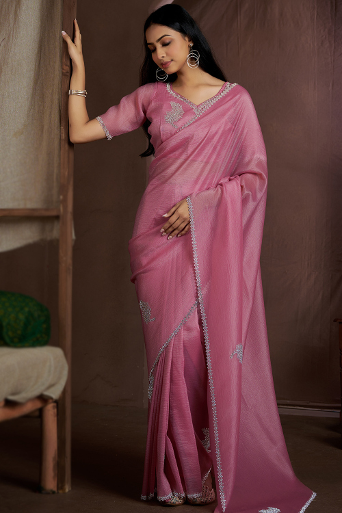 Dusty Pink Chiffon Stone Embellished Light Weight Saree 