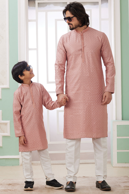 Dusty Pink Cotton Silk Embroidered Father And Son Kurta Pajama