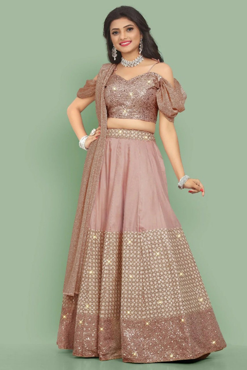 Dusty Pink Cotton Silk Embroidered Panelled Style Lehenga 