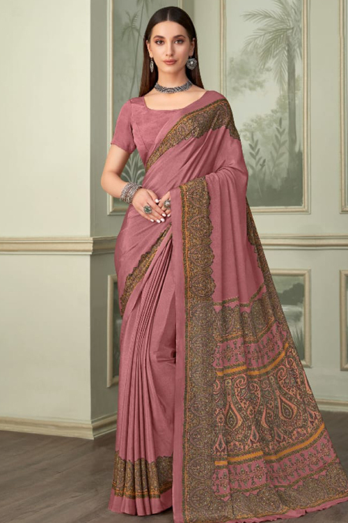 Dusty Pink Crepe Printed Light Weight Saree