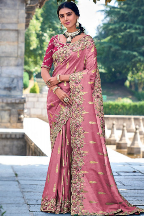 Dusty Pink Dori Embroidered Wedding Wear Silk Saree
