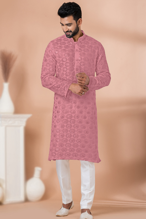 Dusty Pink Embroidered Straight Cut Georgette Men's Kurta Pajama